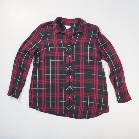 J Jill Shirt Womens Medium Burgandy Red Plaid Rayon Preppy Loose Flowy Cottage - Picture 8 of 8